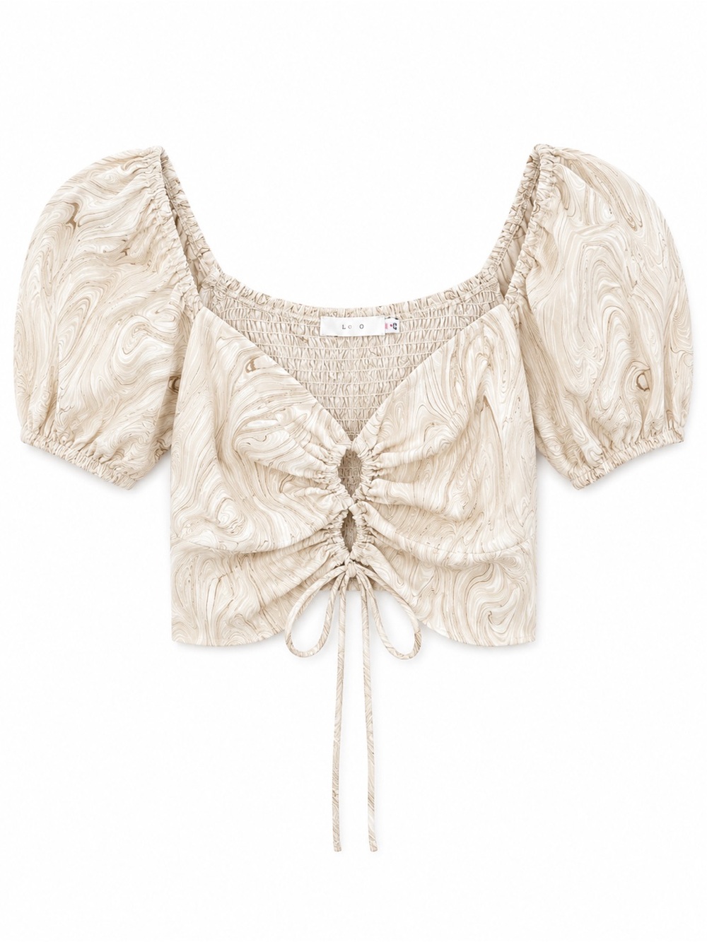 Lush Cream Swirl Ruched Puff Sleeve Crop Top
